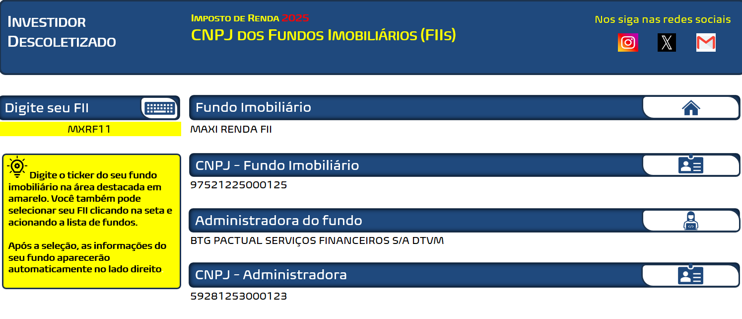 Planilha com os CNPJs dos Fundos Imobiliários (FIIs) para o Imposto de Renda 2025