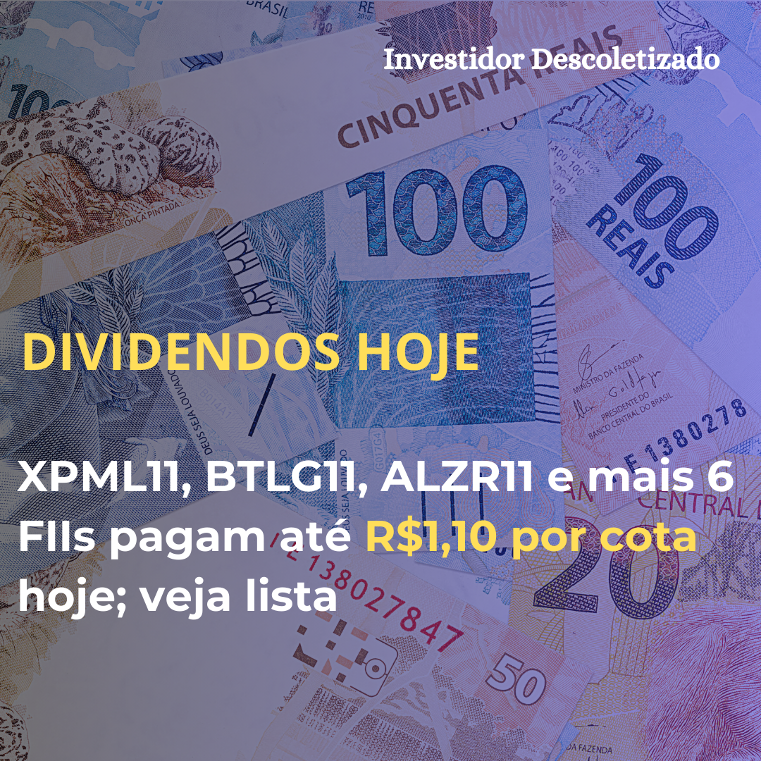 XPML11, BTLG11, ALZR11 e mais 6 FIIs pagam hoje dividendos de até R$1,10